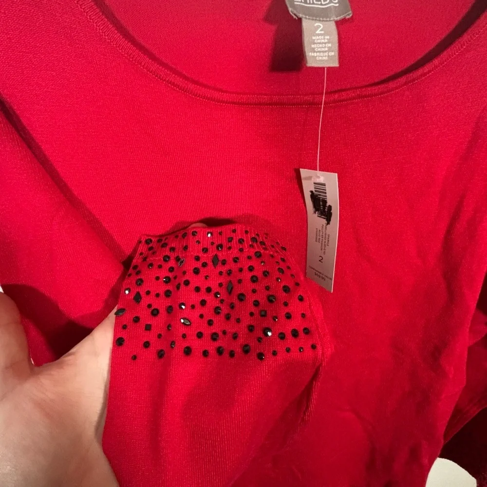 Chico’s Red Embellished Sleeve Sweater Size 2 (L) Long Sleeve Pullover NWT - Picture 8 of 9